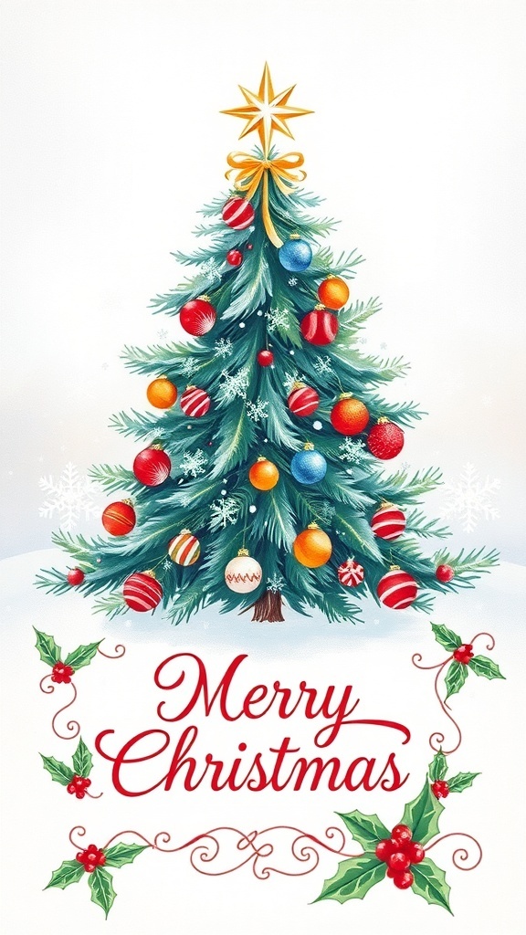 A hand-drawn Christmas card with a decorated tree, ornaments, and a festive greeting.